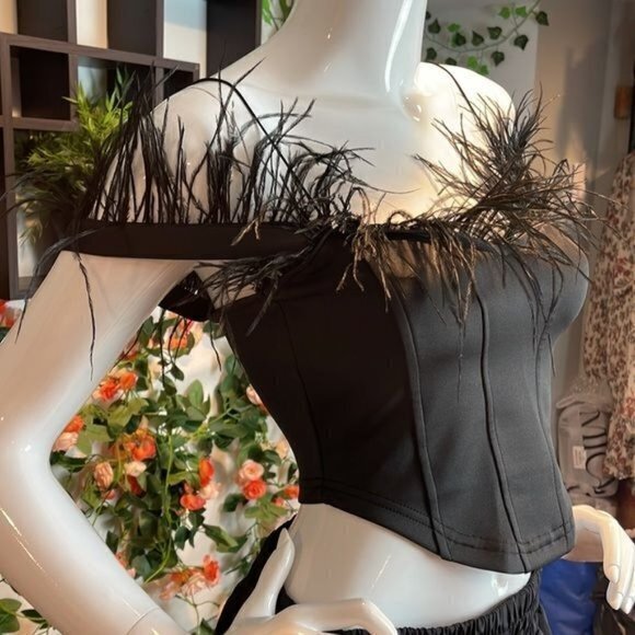 Micas Feathered Trim Off the Shoulders Satin Corset Style Crop Top RefHHH‎ - Picture 5 of 12